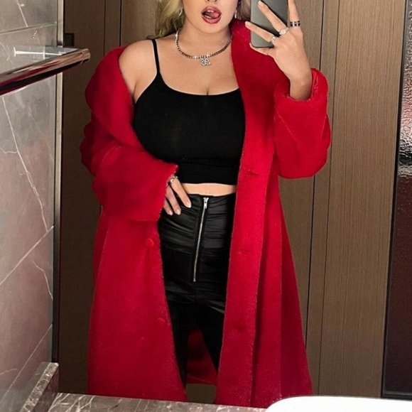 . Jackets & Blazers - Plus Size button Teddy faux fur Coat Jacket red